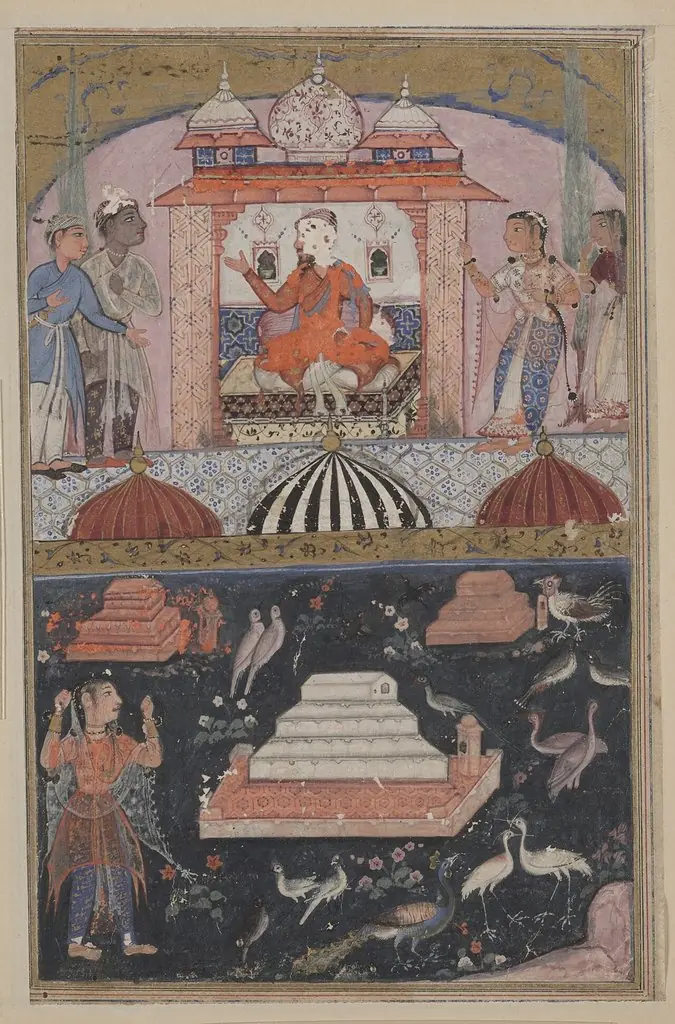 The merchant hears of his wife’s unfaithfulness (above); the unfaithful wife performs penance by plucking her hair (below), from a Tuti-nama (Tales of a Parrot): First Night, by Unknown