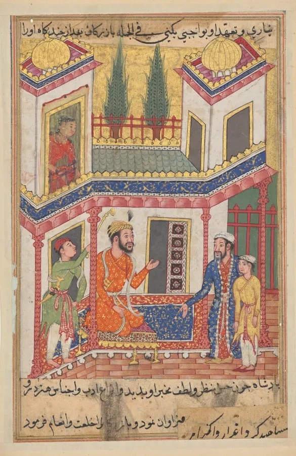 The merchant returns bringing a young slave who is really the son of the princess of Rum, now married to the king, from a Tuti-nama (Tales of a Parrot): Fiftieth Night, by Unknown, unspecified, 1560