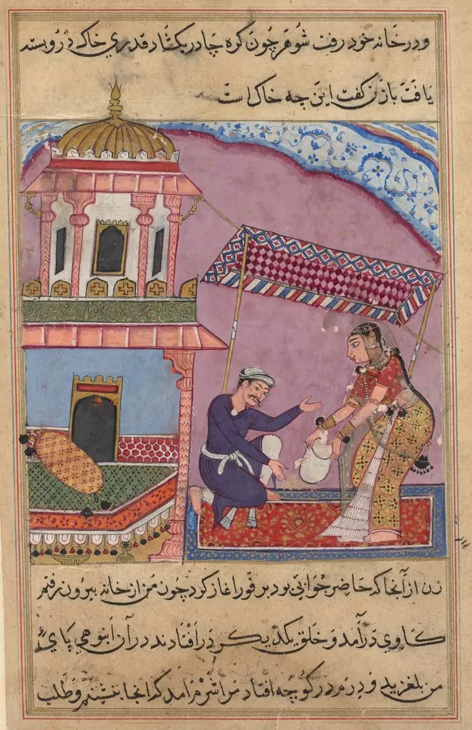The merchant’s clerk replaces the sugar purchased by the philandering wife with gravel, from a Tuti-nama (Tales of a Parrot): Eighth Night, by Unknown