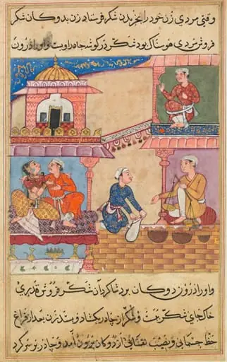 The merchant’s clerk replaces the sugar purchased by the philandering wife with gravel, from a Tuti-nama (Tales of a Parrot): Eighth Night, by Unknown