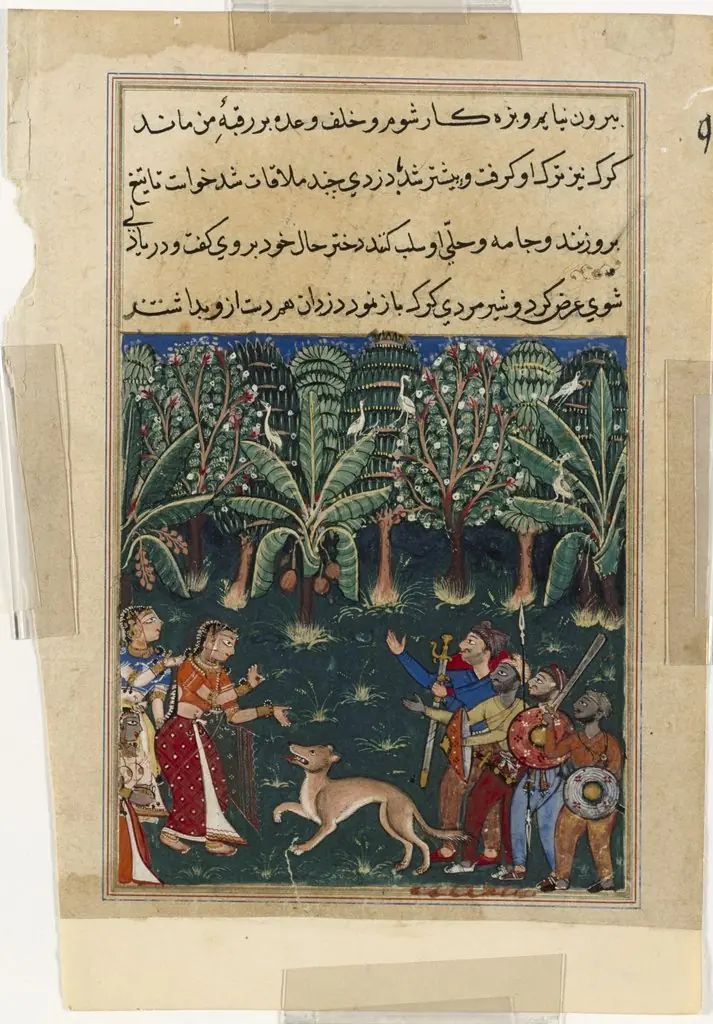 The merchant’s daughter encounters a wolf and bandits on her way to meet the gardener in order to keep her promise, from a Tuti-nama (Tales of a Parrot): Twelfth Night, by Unknown