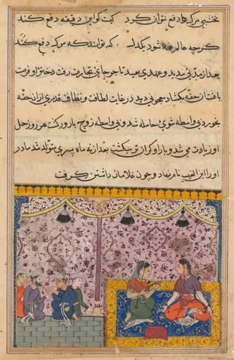 The merchant’s daughter gives birth to a son as a result of eating out of the box. The clever child recognizes the false gems from true, from a Tuti-nama (Tales of a Parrot): Twenty-third Night, by Unknown