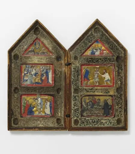 The Mocking of Christ, The Scourging, The Deposition, The Entombment, The Ascension, Pentecost (diptych with miniatures behind crystal), by Unknown