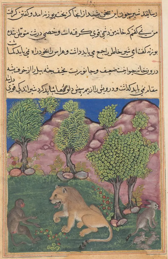 The monkey advises the suspicious lion to cast off fear and take possession of his territory, from a Tuti-nama (Tales of a Parrot): Twenty-ninth Night, by Unknown, 1560