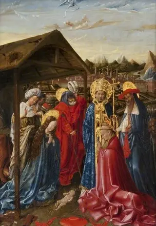 The Nativity with Saint Sixtus (?), Saint Jerome and a Cardinal, by Unknown, 1445
