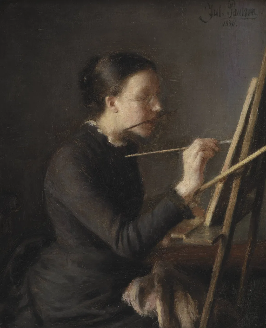 The Painter Agnes Paulsen, the Artist's Sister, at her Easel, by Unknown, 1886