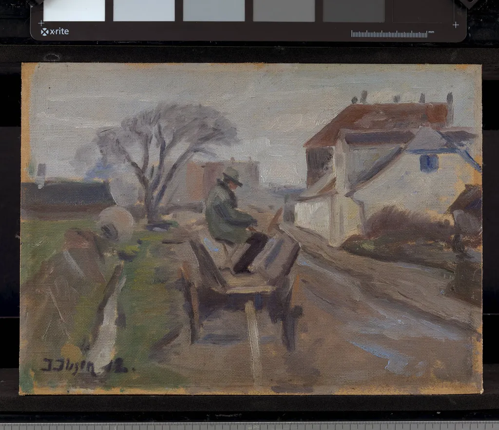 The Painter Ølund Hansen Sitting in a Wagon Painting, by Unknown, unspecified, 1912