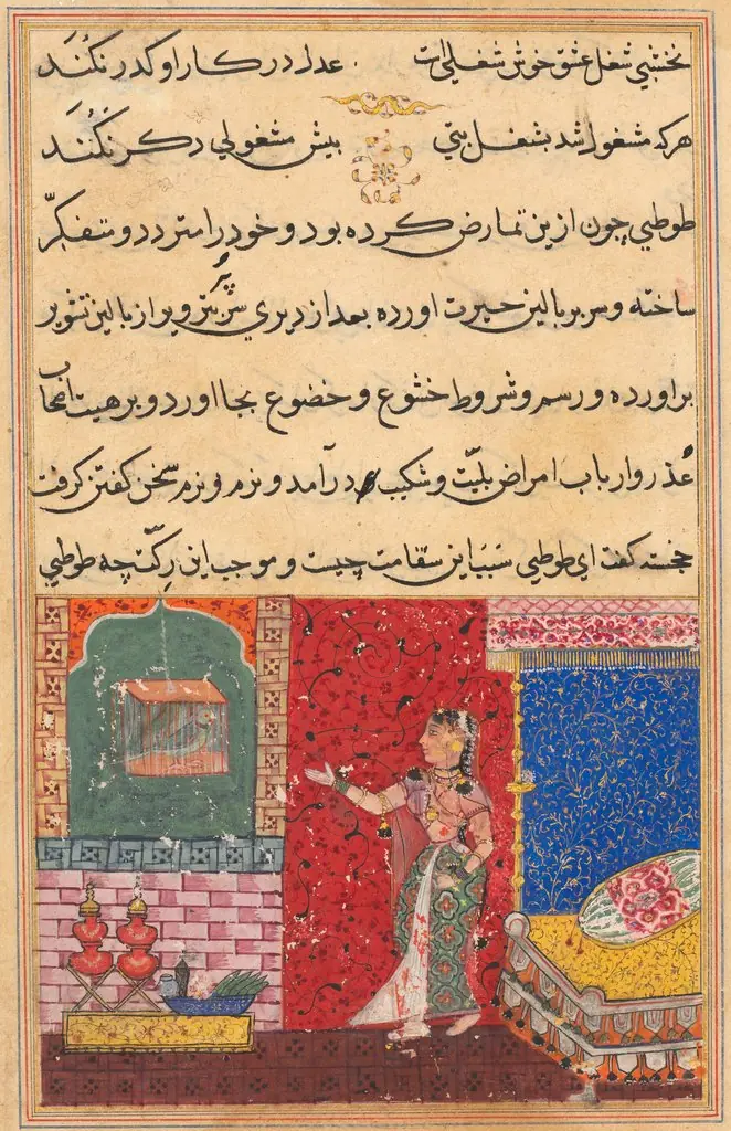 The Parrot Addresses Khujasta at the Beginning of the Fifteenth Night, from a Tuti-nama (Tales of a Parrot), by Unknown