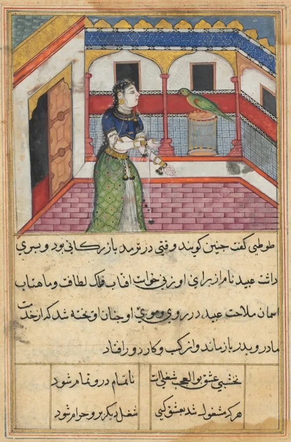The parrot addresses Khujasta at the beginning of the forty-second night, from a Tuti-nama (Tales of a Parrot), by Unknown, unspecified, 1560