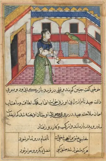 The parrot addresses Khujasta at the beginning of the forty-second night, from a Tuti-nama (Tales of a Parrot), by Unknown