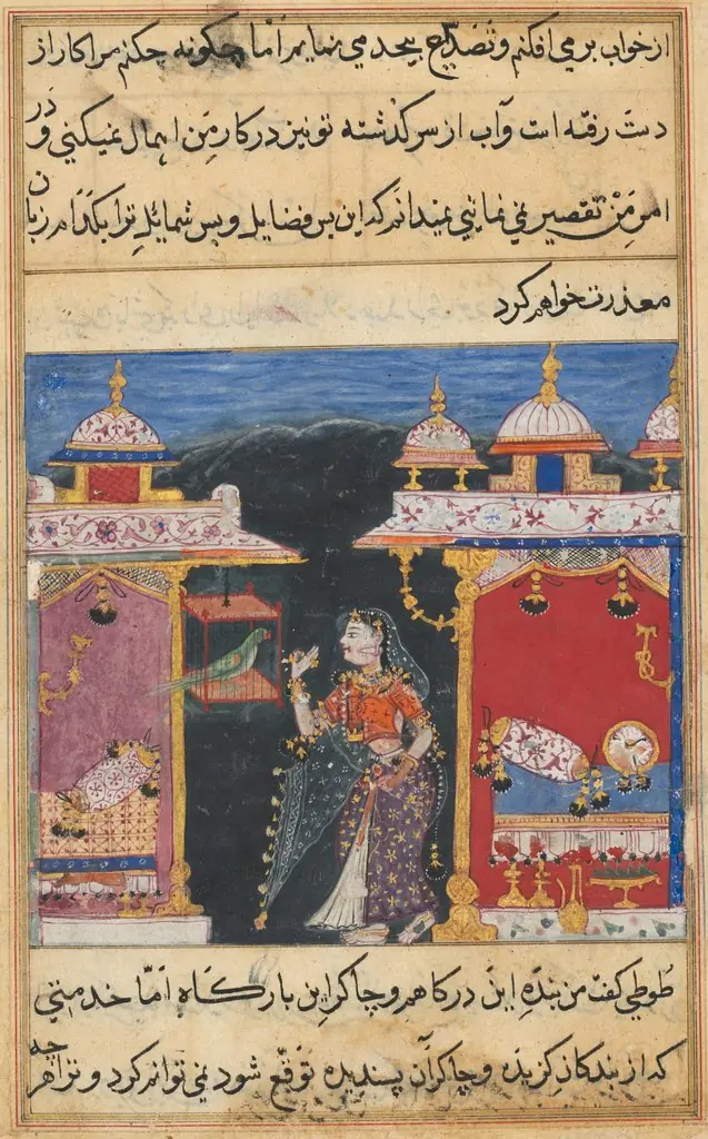 The Parrot Addresses Khujasta at the Beginning of the Seventh Night, from a Tuti-nama (Tales of a Parrot), by Unknown