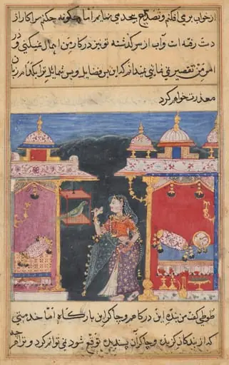 The Parrot Addresses Khujasta at the Beginning of the Seventh Night, from a Tuti-nama (Tales of a Parrot), by Unknown