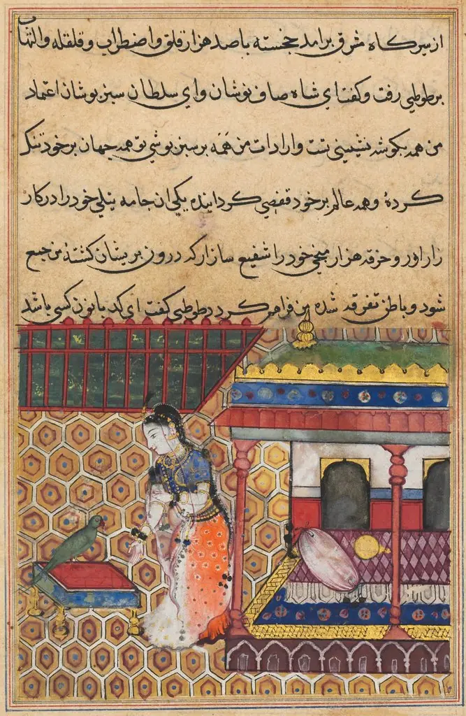 The parrot addresses Khujasta at the beginning of the thirty-eighth night, from a Tuti-nama (Tales of a Parrot), by Unknown