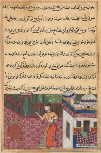 The parrot addresses Khujasta at the beginning of the thirty-third night, from a Tuti-nama (Tales of a Parrot), by Unknown