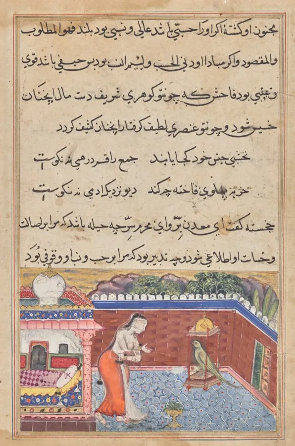 The parrot addresses Khujasta at the beginning of the thirty-first night, from a Tuti-nama (Tales of a Parrot), by Unknown, unspecified, 1560