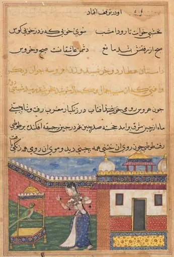 The parrot addresses Khujasta at the beginning of the thirty-second night, from a Tuti-nama (Tales of a Parrot), by Unknown