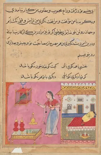 The Parrot Addresses Khujasta at the Beginning of the Twentieth Night, from a Tuti-nama (Tales of a Parrot), by Unknown
