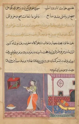 The Parrot Addresses Khujasta at the Beginning of the Twenty-fifth Night, from a Tuti-nama (Tales of a Parrot), by Unknown