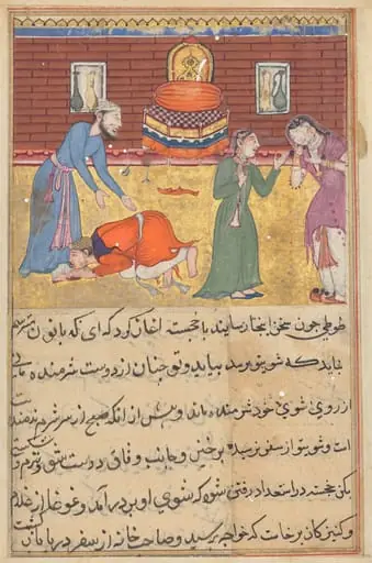 The pious man’s son, now a king, reveals himself to his father; his nurse upbraids his unfaithful mother, from a Tuti-nama (Tales of a Parrot): Fifty-second Night, by Unknown