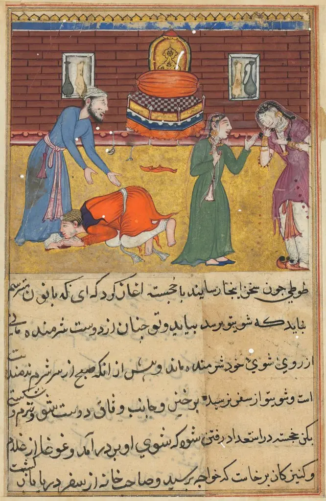 The pious man’s son, now a king, reveals himself to his father; his nurse upbraids his unfaithful mother, from a Tuti-nama (Tales of a Parrot): Fifty-second Night, by Unknown
