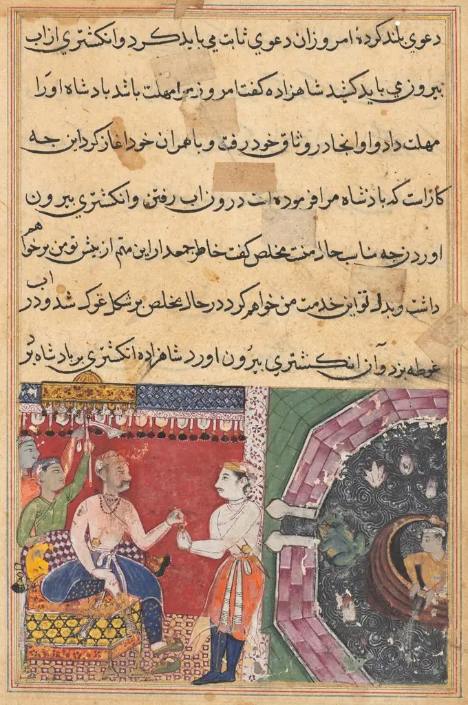 The prince, with the help of Mukhlis who changes into a frog, recovers the ring lost in the sea, and returns it to the king, from a Tuti-nama (Tales of a Parrot): Eighteenth Night, by Unknown