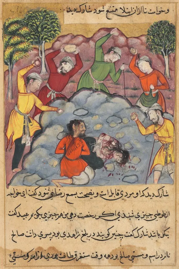 The Raja’s daughter and her lover stoned to death for adultery, from a Tuti-nama (Tales of a Parrot): Forty-Second Night, by Unknown, 1560