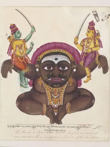 The rakshasa Kabandha supporting Rama and Lakshmana on his arms., by Unknown