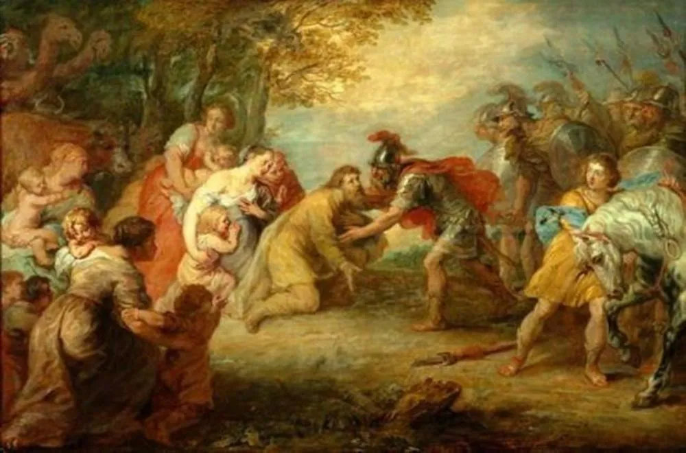 The reconciliation of Jacob and Esau: Esau runs to meet Jacob and kisses him (Genesis 33:3-4), by Unknown, oil, 1643