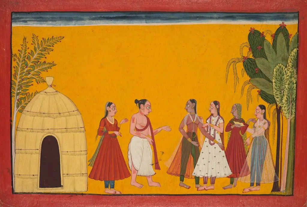 The royal priest Shatananda confirms that the four princesses of Mithila should marry the sons of King Dasharatha, from Chapter 70 of the Bala Kanda (Book of Childhood), folio 13 from a “Shangri” Ramayana (Rama’s Journey), by Unknown