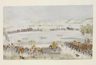 The royal procession of Shah Alam II with his army processing from right to left along the banks of a river., by Unknown, 1790