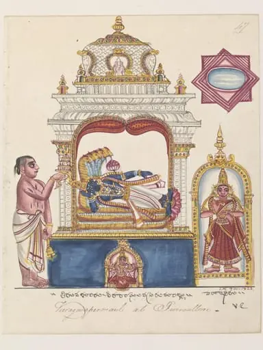 The shrine of Vishnu in the form of Viraraghavaswami, reclining on the serpent of eternity., by Unknown