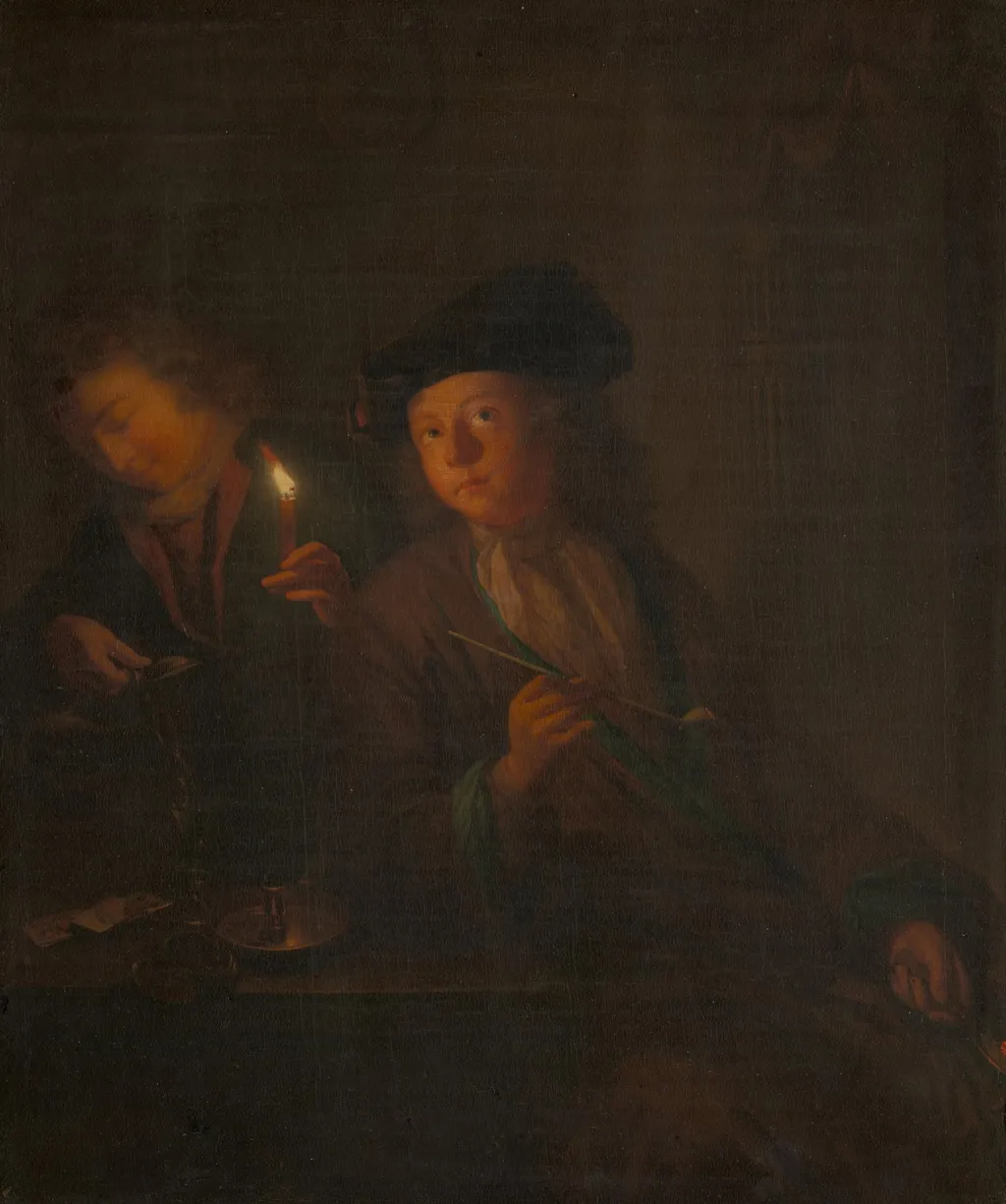 The Smoker (A Man with a Pipe and a Man Pouring a Beverage into a Glass), by Unknown, unspecified, 1698