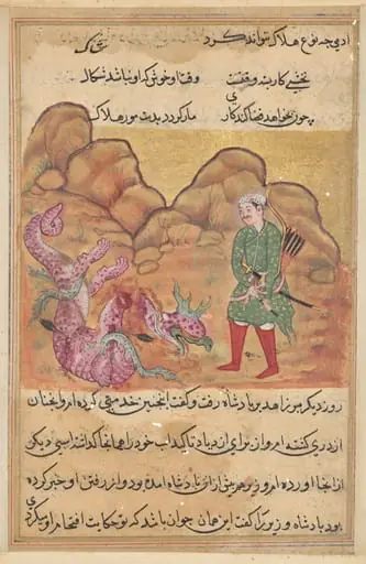 The son of the pious man slays the dragon, from a Tuti-nama (Tales of a Parrot): Fifty-second Night, by Unknown