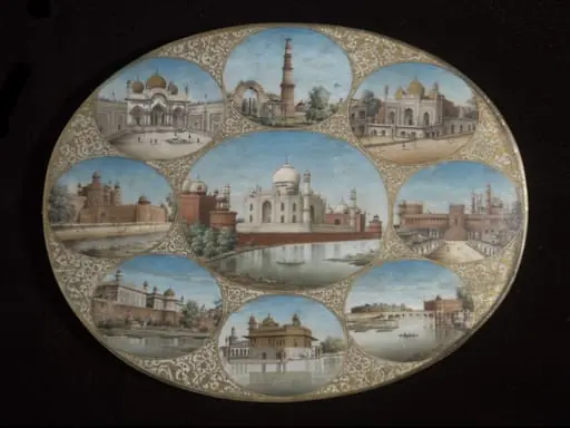 The Taj Mahal, Agra, in a gilt frame surrounded by eight smaller views., by Unknown