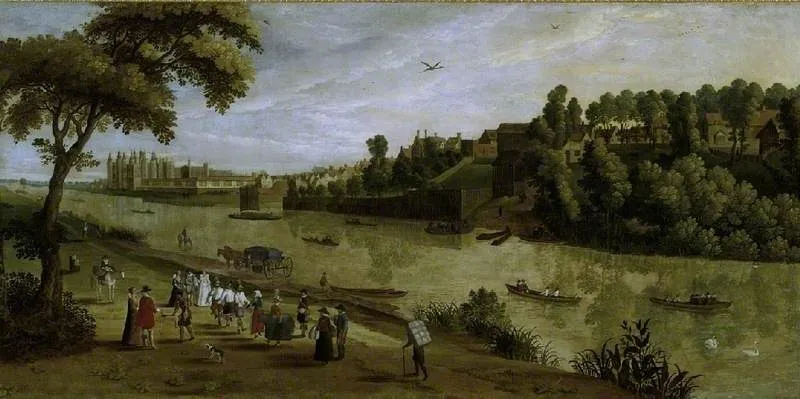 The Thames at Richmond, with the Old Royal Palace, by Unknown, oil, 1625