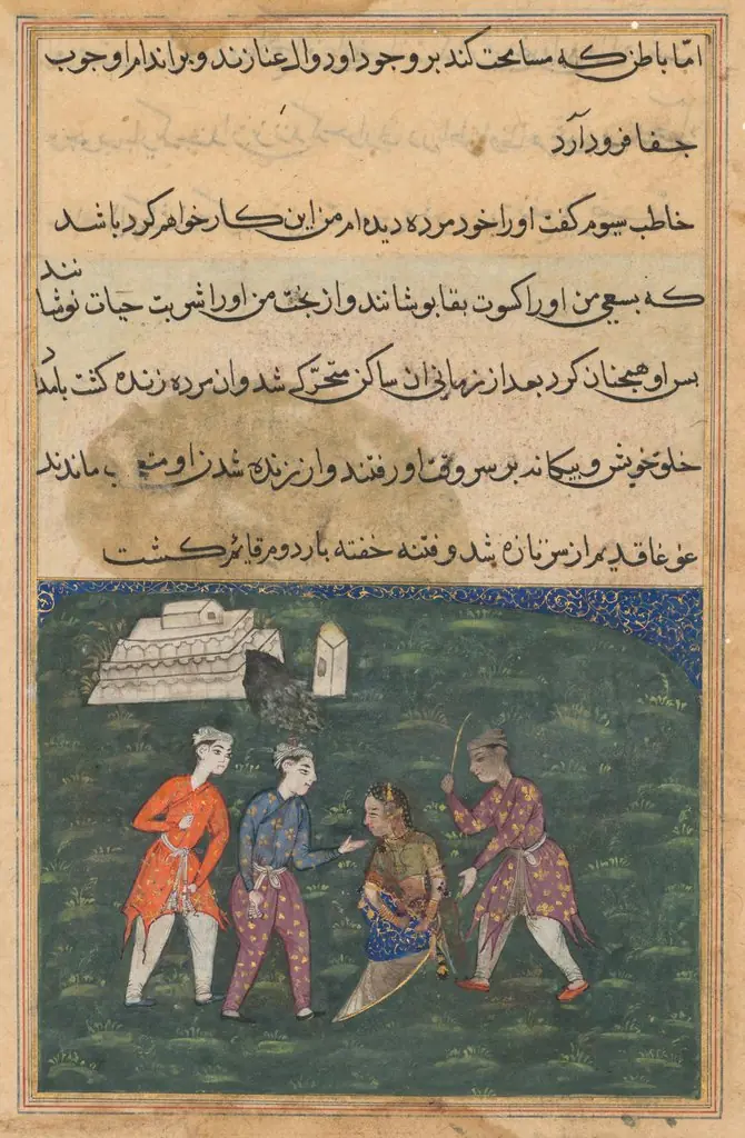 The third suitor strikes the devotee’s daughter and thus restores her to life, from a Tuti-nama (Tales of a Parrot): Twentieth Night, by Unknown