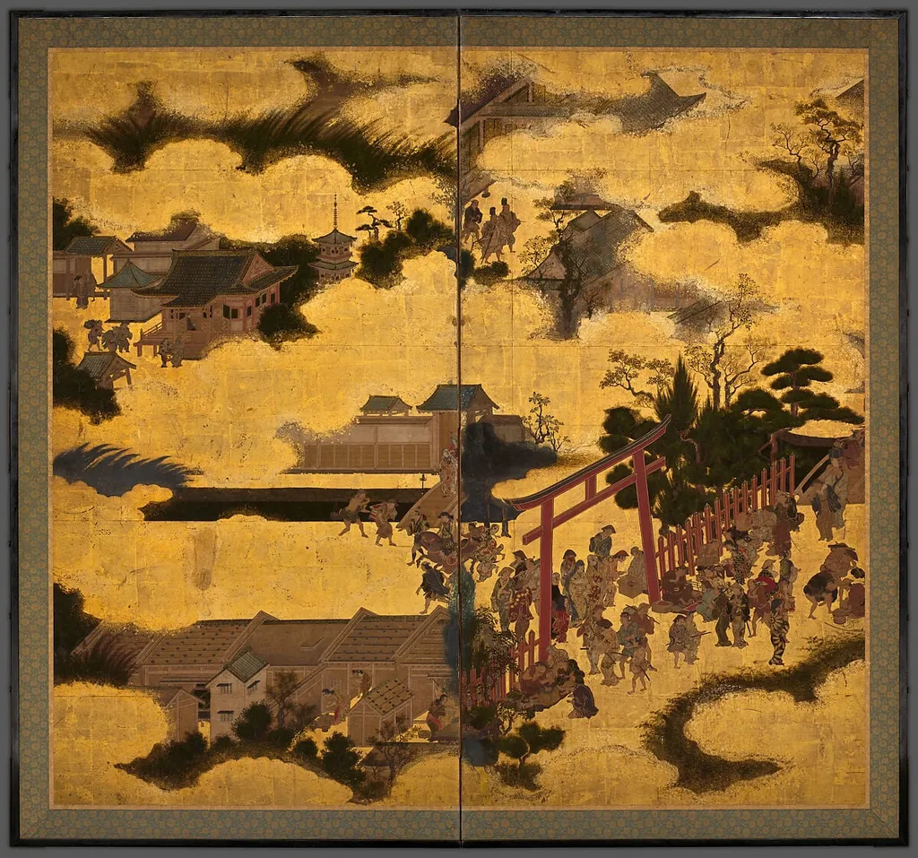 祇園大鳥居屏風|The Torii Gate of Gion Shrine, by Unknown, ink, 1616