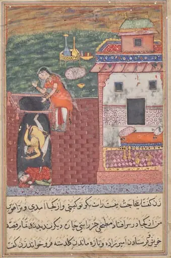 The two cooks, who attempt to seduce the warrior’s loyal wife, are trapped by her in a cellar, from a Tuti-nama (Tales of a Parrot): Fourth Night, by Unknown