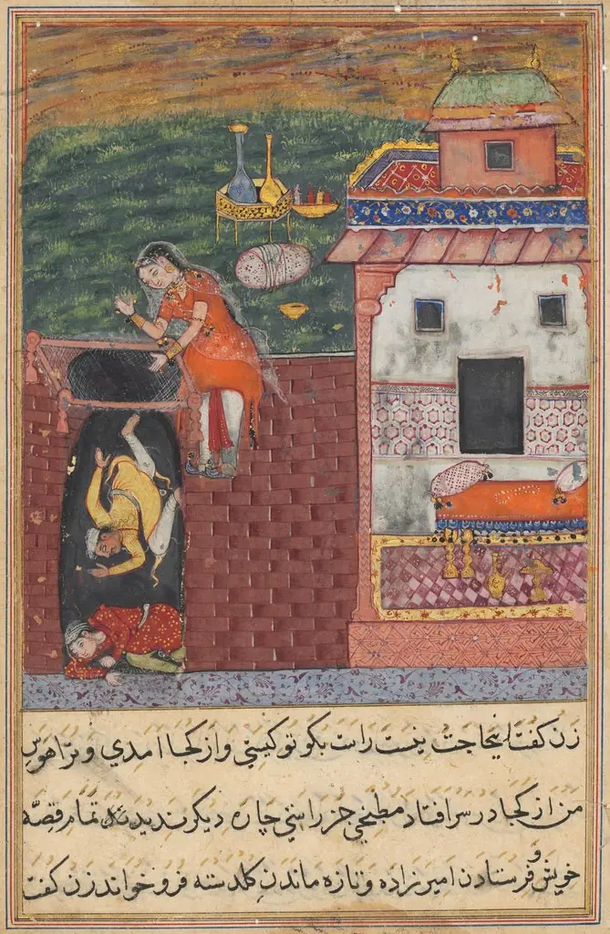 The two cooks, who attempt to seduce the warrior’s loyal wife, are trapped by her in a cellar, from a Tuti-nama (Tales of a Parrot): Fourth Night, by Unknown