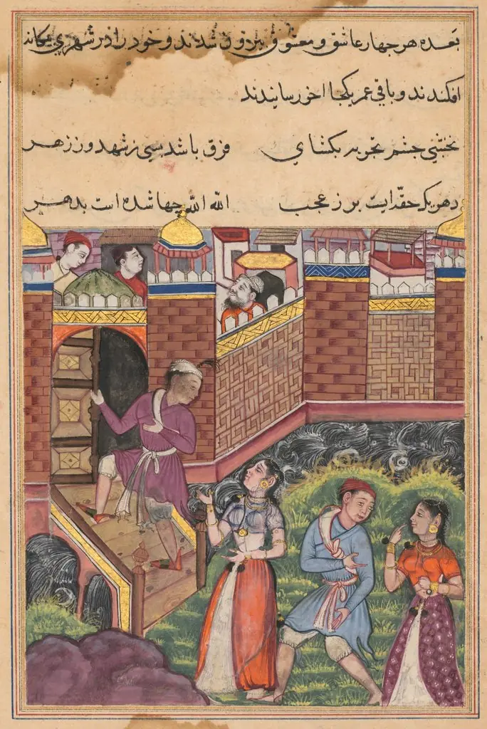 The two couples reach a foreign city where they make their home, from a Tuti-nama (Tales of a Parrot): Thirty-third Night, by Unknown