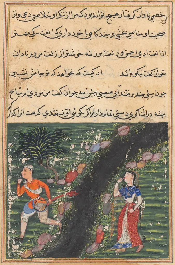 The vagabond crosses a stream with the possessions of the daughter-in-law of the king of Banaras and absconds, from a Tuti-nama (Tales of a Parrot): Sixteenth Night, by Unknown