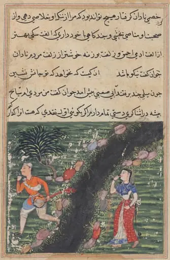The vagabond crosses a stream with the possessions of the daughter-in-law of the king of Banaras and absconds, from a Tuti-nama (Tales of a Parrot): Sixteenth Night, by Unknown