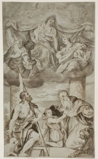 The Virgin and Child among angels in the clouds with Sts John the Baptist and Jerome, after Paolo Veronese’s painting formerly in S. Francesco della Vigna, Venice, by Unknown