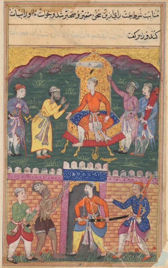 The vizier dissuades the king of Bahilistan from executing the dervish who asks for his daughter’s hand in marriage, from a Tuti-nama (Tales of a Parrot): Seventh Night, by Unknown, unspecified, 1560