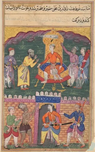 The vizier dissuades the king of Bahilistan from executing the dervish who asks for his daughter’s hand in marriage, from a Tuti-nama (Tales of a Parrot): Seventh Night, by Unknown