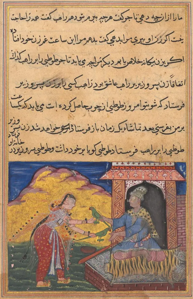 The wife of the son of the vizier brings the magic wooden parrot to her lover, the monk, who exchanges it for the replica, from a Tuti-nama (Tales of a Parrot): Tenth Night, by Unknown