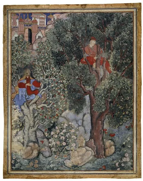The Witch Anqarut ties Malik Iraj to a tree, by Unknown, unspecified, 1589