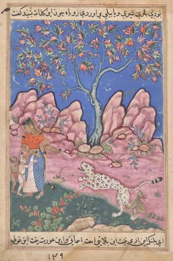 The woman conversing with her children, as the leopard returns, egged on by a fox who is tied to his leg, from a Tuti-nama (Tales of a Parrot): Thirtieth Night, by Unknown, unspecified, 1560