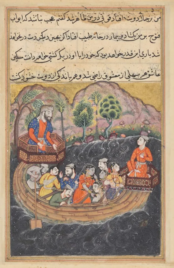 The young man of Baghdad joins the Hashimi’s boat as a sailor to find his slave-girl on board, from a Tuti-nama (Tales of a Parrot): Forty-eighth Night, by Unknown, unspecified, 1560