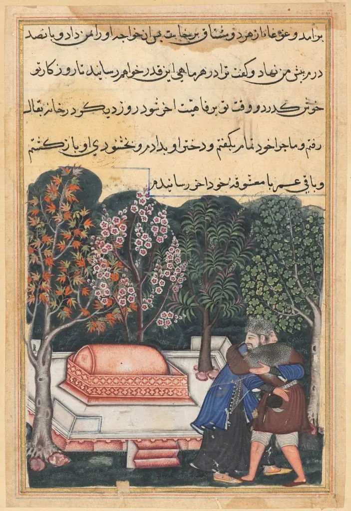 The young man of Baghdad reunited with his slave-girl, from a Tuti-nama (Tales of a Parrot): Forty-eighth Night, by Unknown